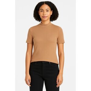 A New Day TShirt Womens Large Light Brown Mock Neck Ribbed Short Sleeve Crew Nec